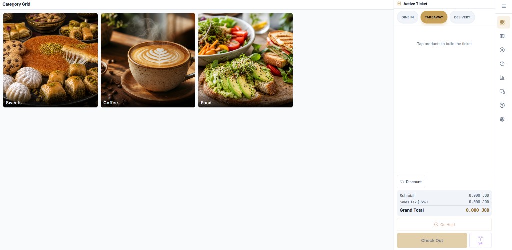 Ena Cashier app showing a category grid and an active ticket